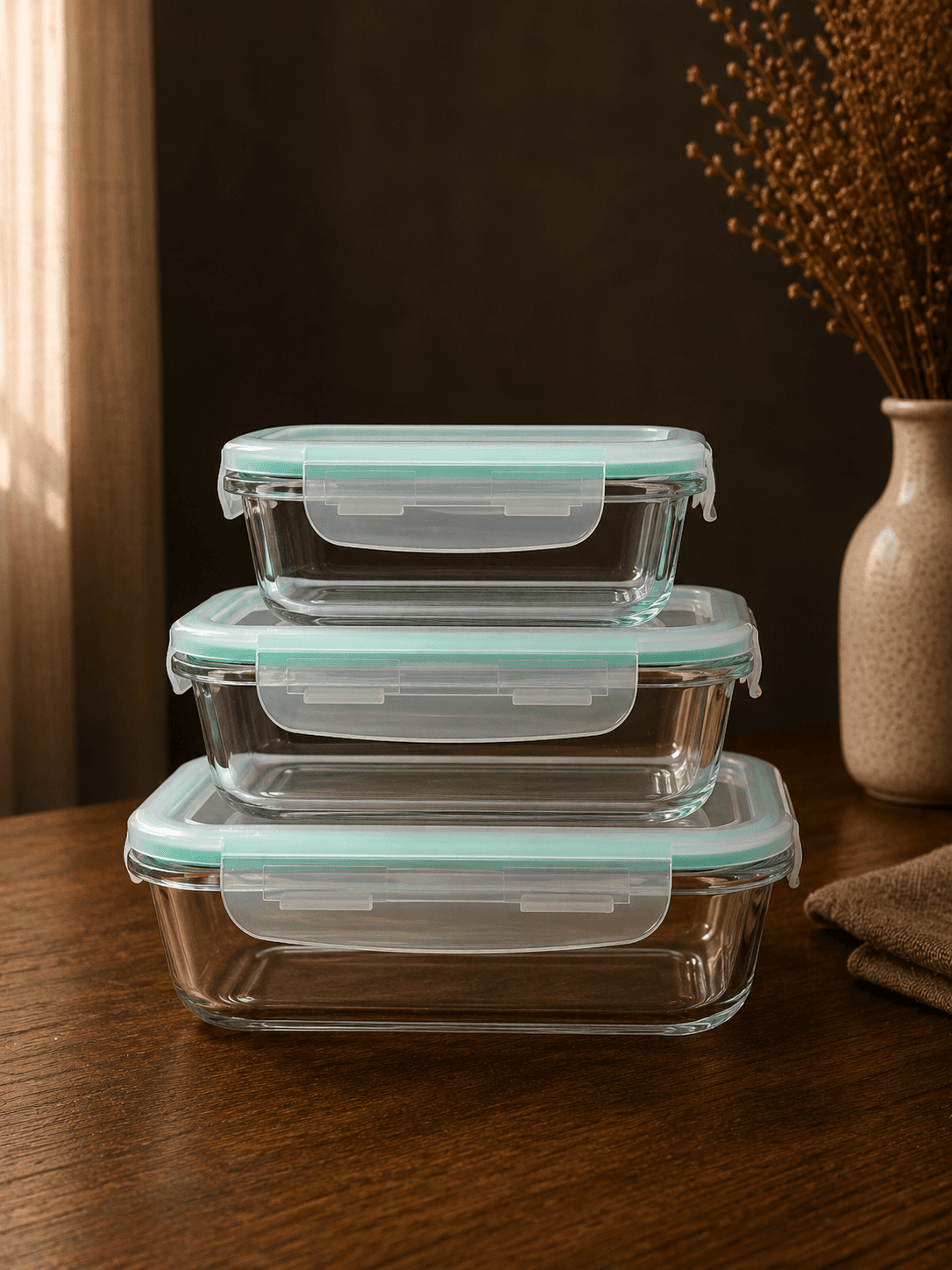 Set De 3 Hermeticos Vidrio Y Tapa De Plastico - Modelo rectangular