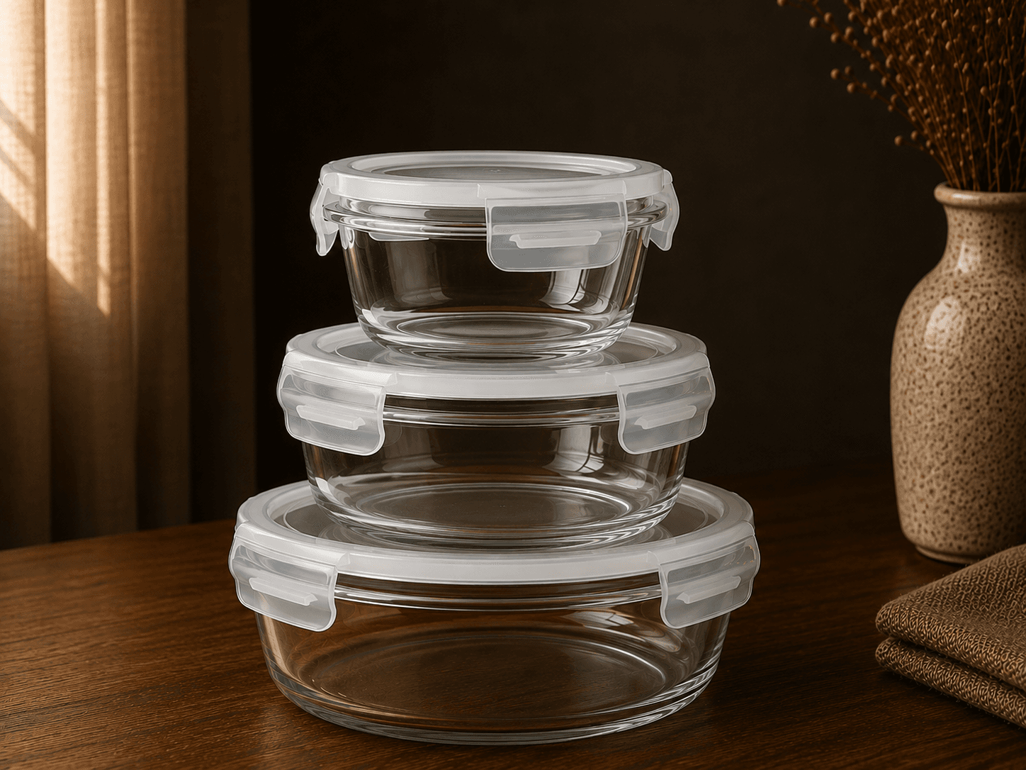 Set De 3 Hermeticos Vidrio Y Tapa De Plastico - Modelo Circular